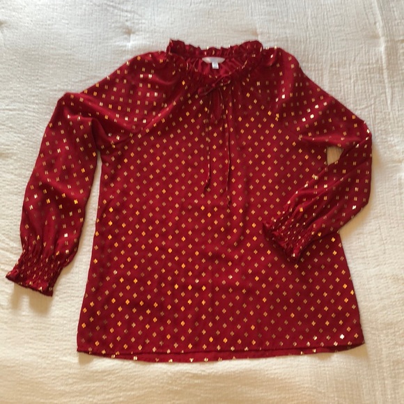 Time and Tru Red & Gold Dress Blouse w/ Ruched collar and Smocked Sleeve Cuffs - Picture 6 of 13